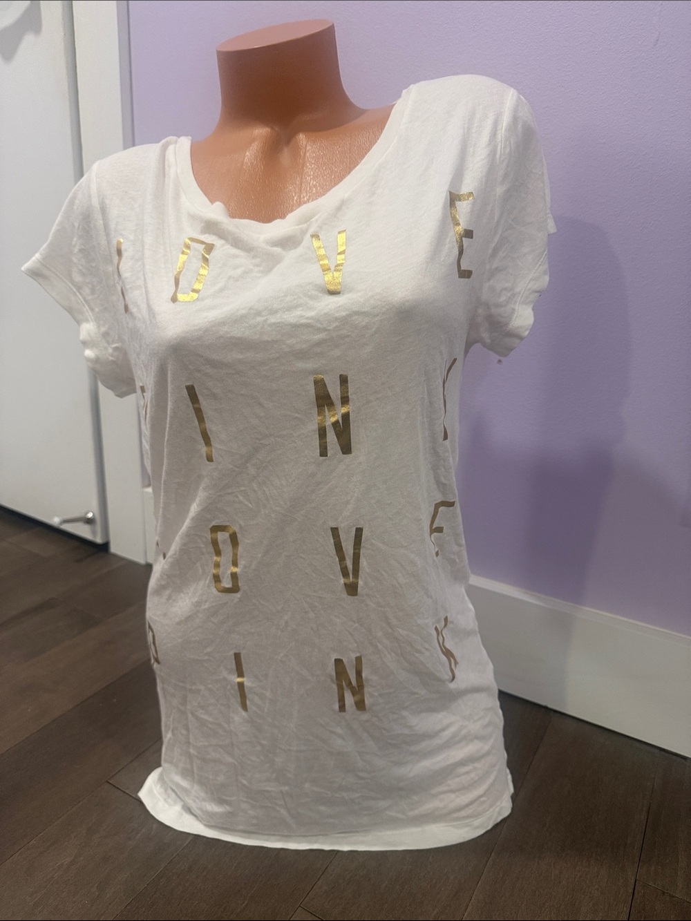 PINK Victoria's Secret White Short Sleeve Tee with Gold Foil Letters